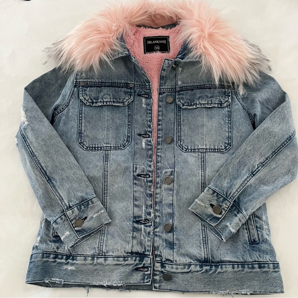 Blank NYC Pink Faux Fur Collar/Lined Snowflake Denim Jacket, Size XS - Picture 8 of 16